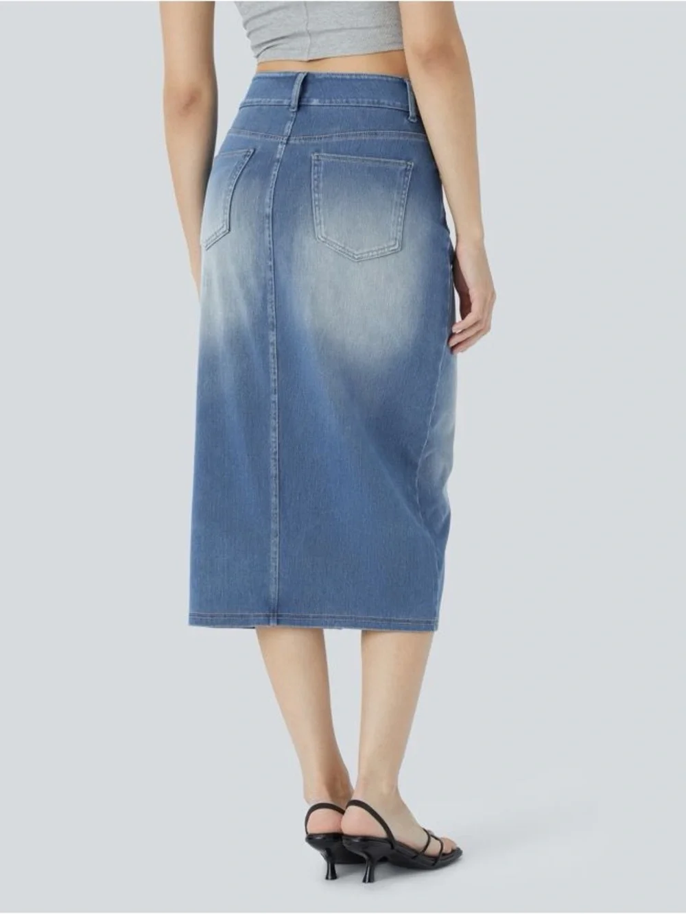 Halara Flex High Waisted Pockets Bodycon Washed Denim Casual Midi Skirt NWT